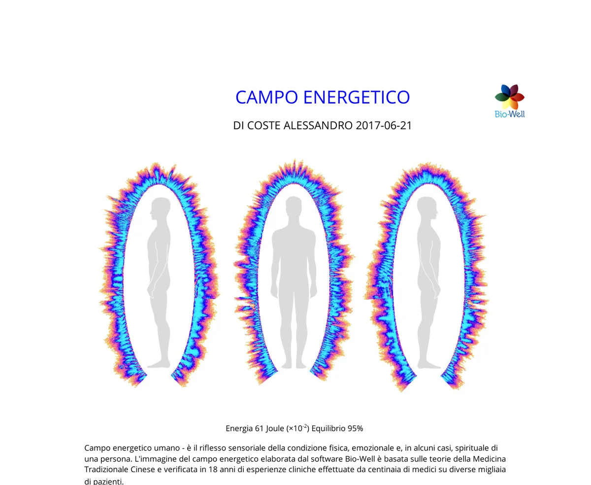 Grafico Bio-Well del campo energetico umano dopo 20 minuti di esposizione alla piastra: Energia 61 Joule (×10⁻²), Equilibrio 95%