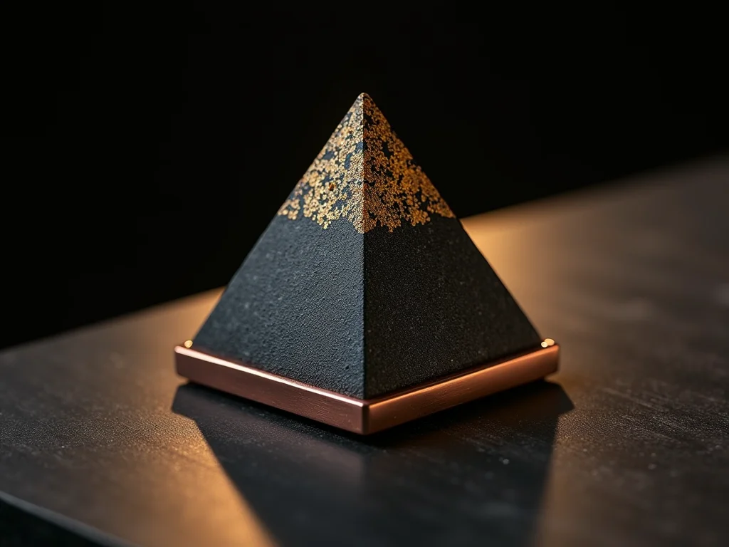 Dettaglio macro dello spigolo della piramide: angoli in tubo di rame e resina con inclusioni minerali (placeholder)